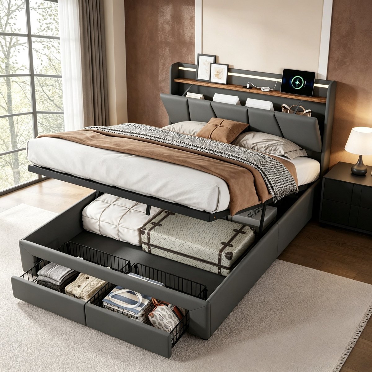 ROSAHQNDA Tweepersoonsbed 140x190 cm, gestoffeerd opbergbed met 2 lades en LED-hoofdbord, lattenbodem, linnen, donkergrijs, zonder matras