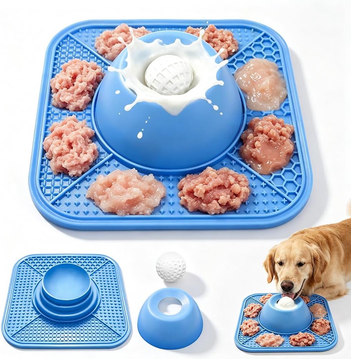 Hondenlikmat met likbal, 2-in-1 likmat hond met zuignappen, likbak hond ter verveling, om de eetsnelheid te vertragen, de spijsvertering te bevorderen, blauw