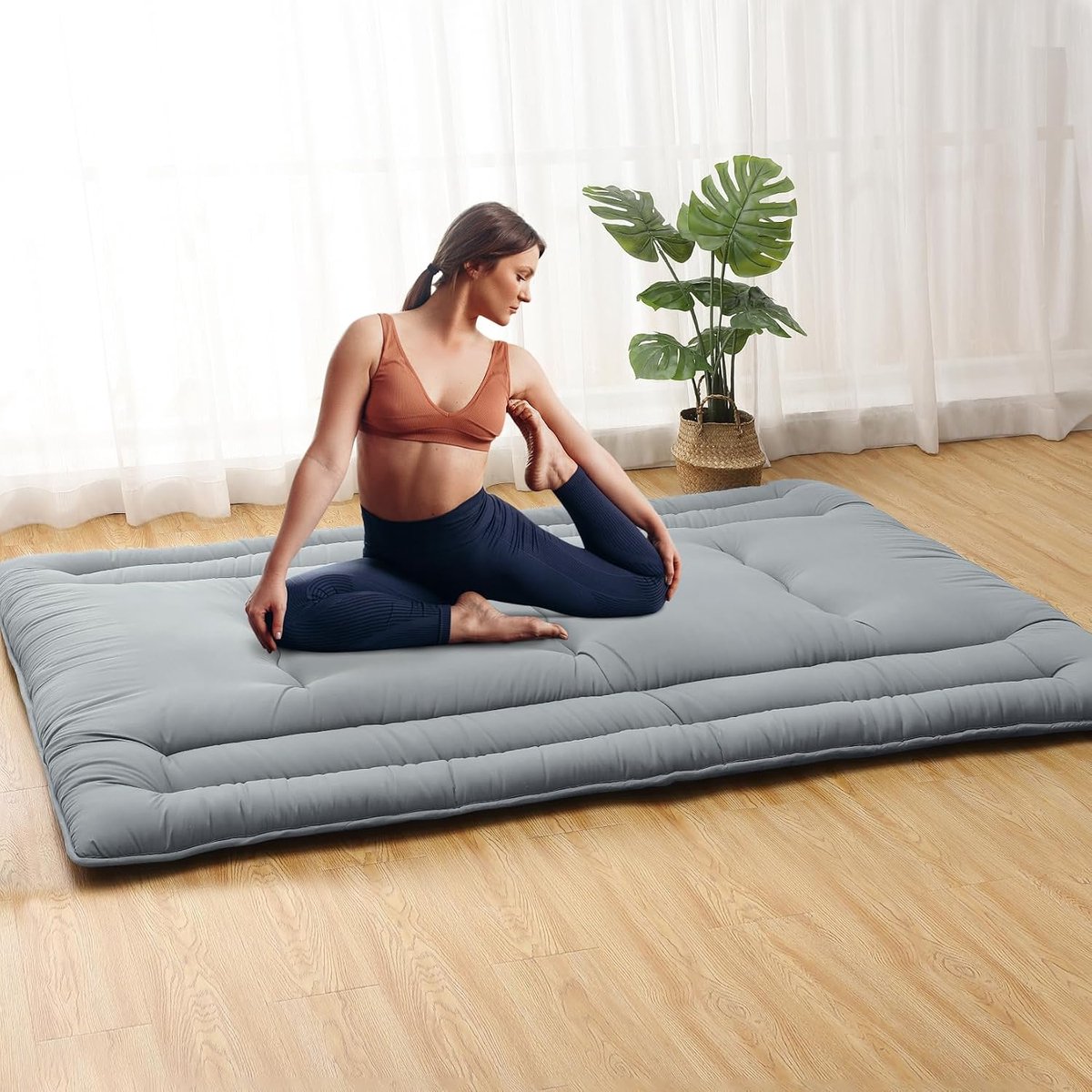 5-laags dik tatami-vloerbed – draagbare oprolbare slaapmat – voor kamperen, camper, studentenhuis, yoga, kinderspel – 203 × 137 × 10 cm – lichtgrijs