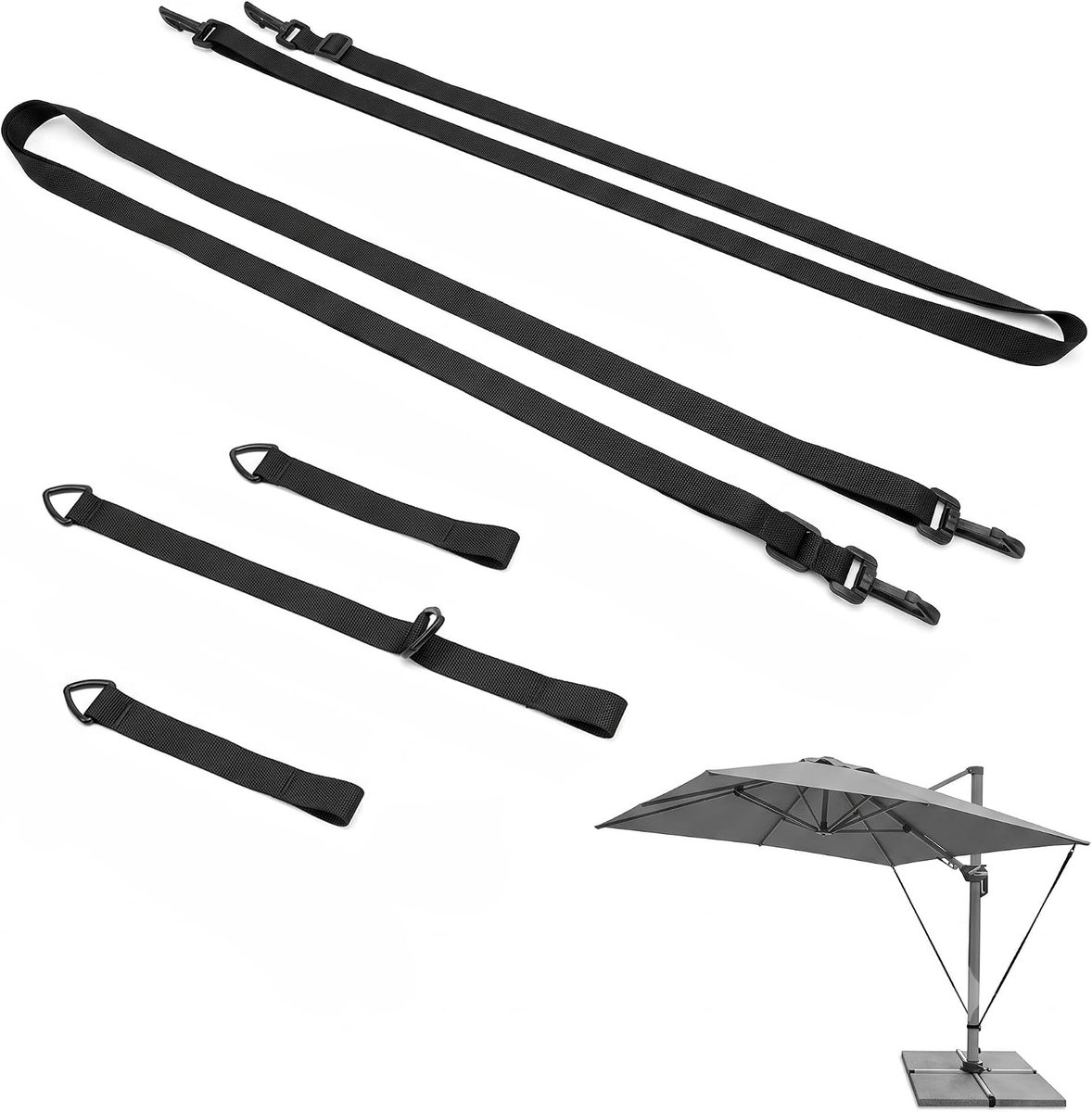 Windbescherming voor zweefparasols, windbescherming, parasolgordelset, windscherm voor zweefparasols en zwengelparasols, verstelbare spanbanden, terrasparasolgordel