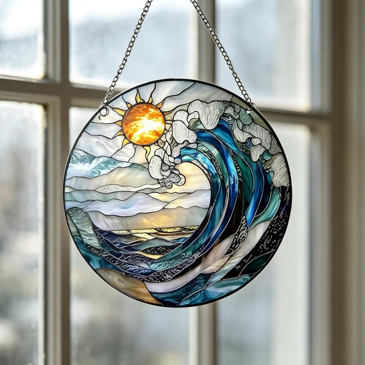 "White Waves" Gebrandschilderde Acryl Moderne Raamhanger – Hangende Raamdecoratie & Lichtbreker – Lichtvangende Kunst – Geschikt voor Woonkamer, Tuin, Balkon, Terras, Muur en Raam – 20 x 20 cm