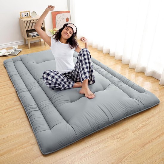 5-laags dik tatami-vloerbed – draagbare oprolbare slaapmat – voor kamperen, camper, studentenhuis, yoga, kinderspel – 203 × 137 × 10 cm – lichtgrijs — afbeelding 4