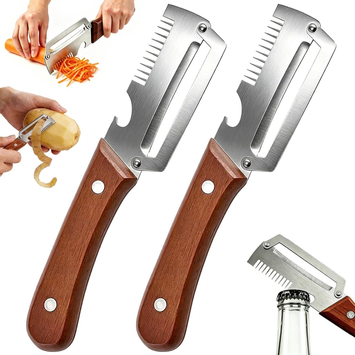 3-in-1 dunschiller met houten handvat, Zero Snag houtdunschiller met houten handvat, flesopener, 2 stuks