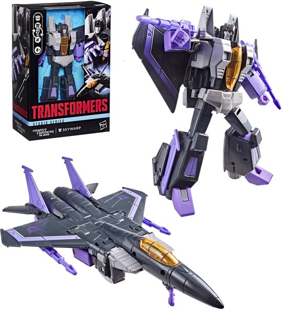 Skywarp-actiefiguur en straaljager in een doos, inclusief de doosverpakking.