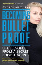 Boek 'Becoming Bullet Proof' met Evy Poumpouras in een zwarte coltrui, met de titel in blauwe letters.