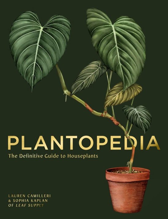 Boekomslag met de titel PLANTOPEDIA in goudkleurige letters, met een illustratie van een plant in een terracotta pot.