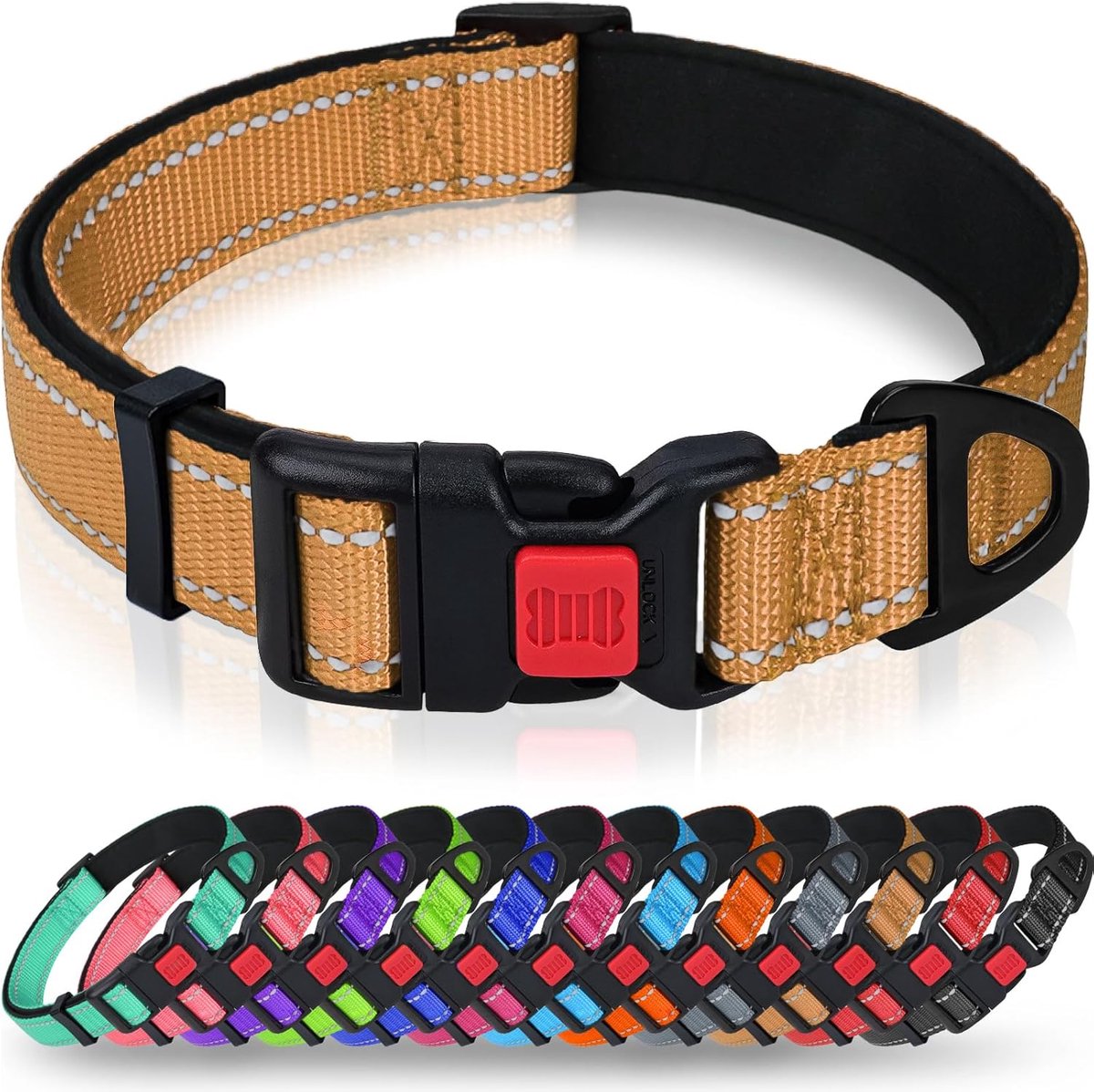 Reflecterende nylon hondenhalsband met veiligheidsgesp, verstelbare halsband, zachte neopreen voering, voor kleine honden, bruin