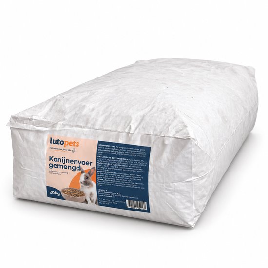Zak konijnenvoer van 20 kg van luto pets, met een afbeelding van de ingrediënten.