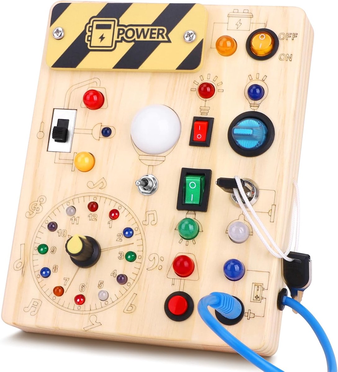 Montessori Busy Board van Hout - 10 Schakelaars en 23 LED Lampjes - Sensorisch Activiteitenbord - Fijne Motoriek - Voor Peuters 1-3 Jaar
