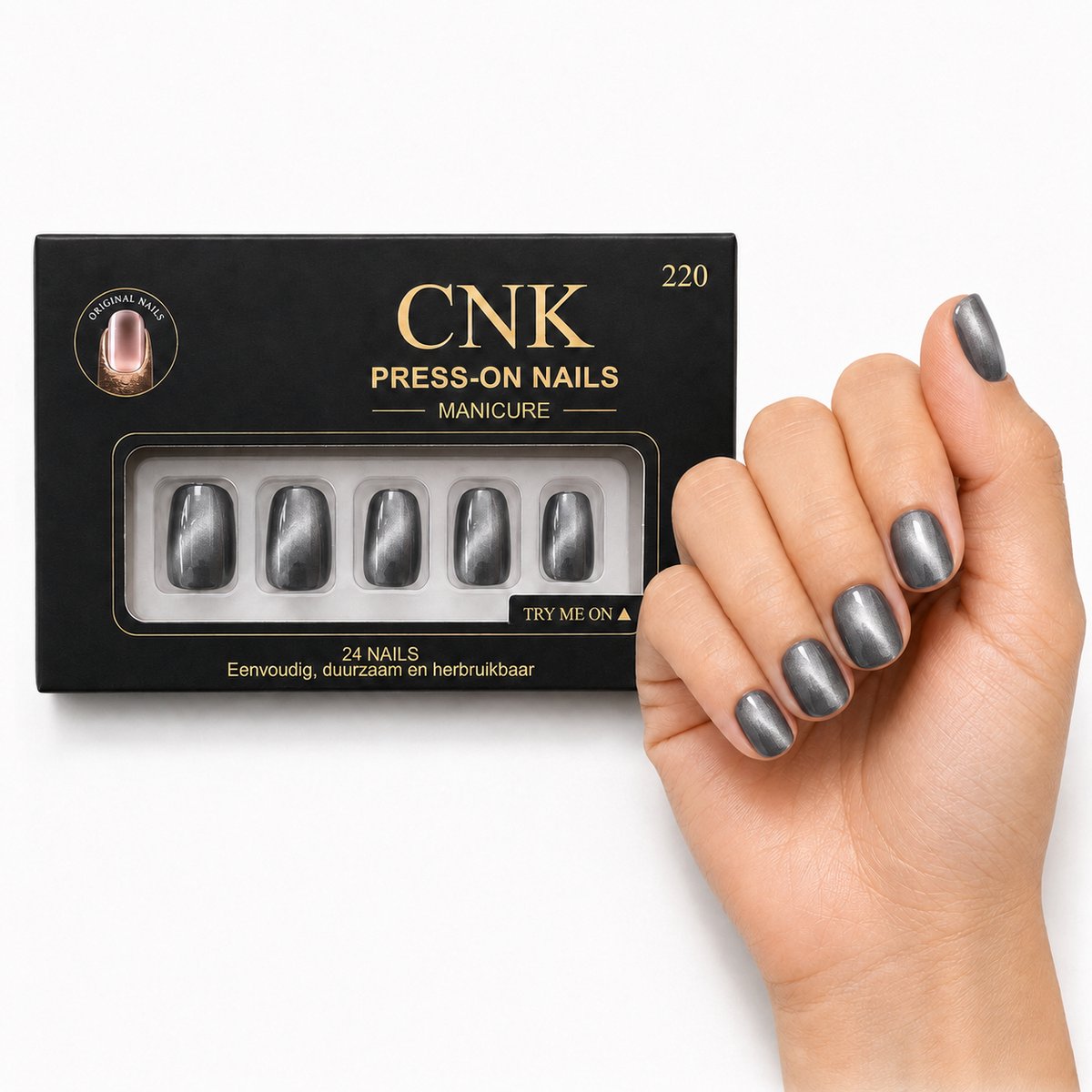 CNK 220 Press On Nails - Plaknagels - 24 Kunstnagels met Nagellijm, 24 Zelfklevende Plakstickers, Cleaner Wipe, Nagelvijl, Woodstick & Size Matcher - Nepnagels voor 7-14 Dagen - Herbruikbare Press-On Nagels - Starterspakket voor Manicure & Nail Art