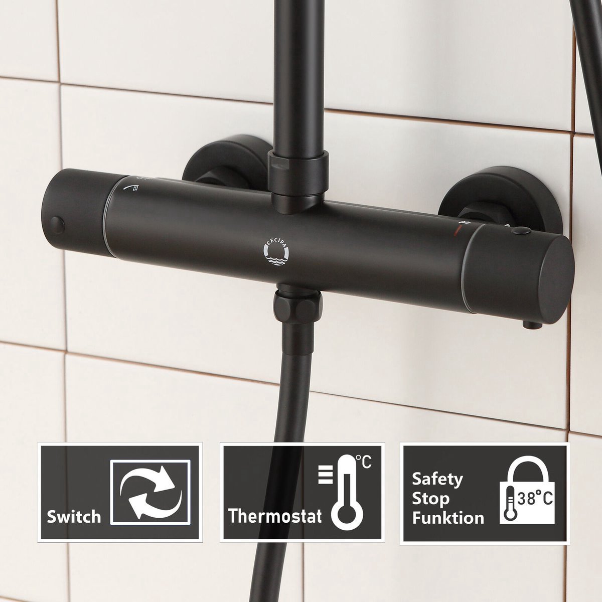 Cecipa Max - Thermostatische Douchekraan - 150 mm hartafstand - Mengkraan - Douchethermostaatkraan - Met CoolTouch technologie - Zwart Mat