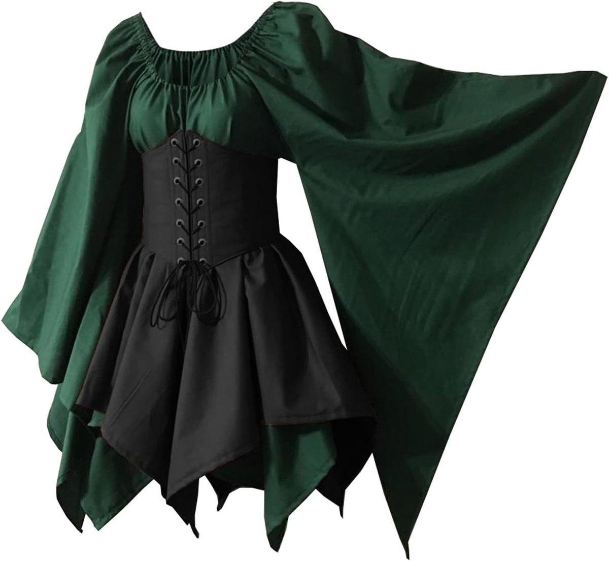 Ierse jurk voor dames, renaissance, middeleeuws kostuum, uitlopende mouwen, korset, Halloween, Victoriaanse korte jurk