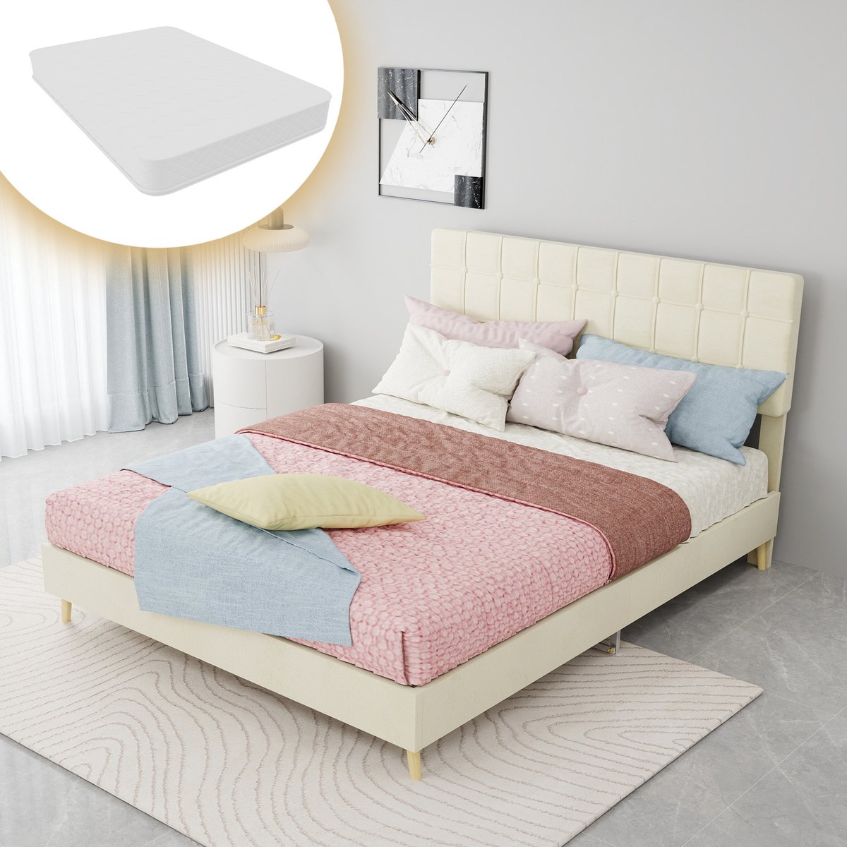 MEUNIQ Tweepersoons bed 140x200 cm met matras, gestoffeerd geruit hoofdbord, lattenbodem, houten poten en 400 kg draagvermogen - beige