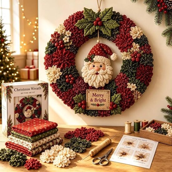 Kerstkrans - Kerstkrans maken kit - DIY kerstkrans kit - 3D stof poke krans doe-het-zelf kit - Naaiprojectpakket - Kerstman A