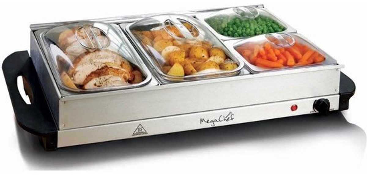 Professionele Buffetwarmer RVS met 4 Secties - Warmhoudplaat voor Feesten en Buffetten