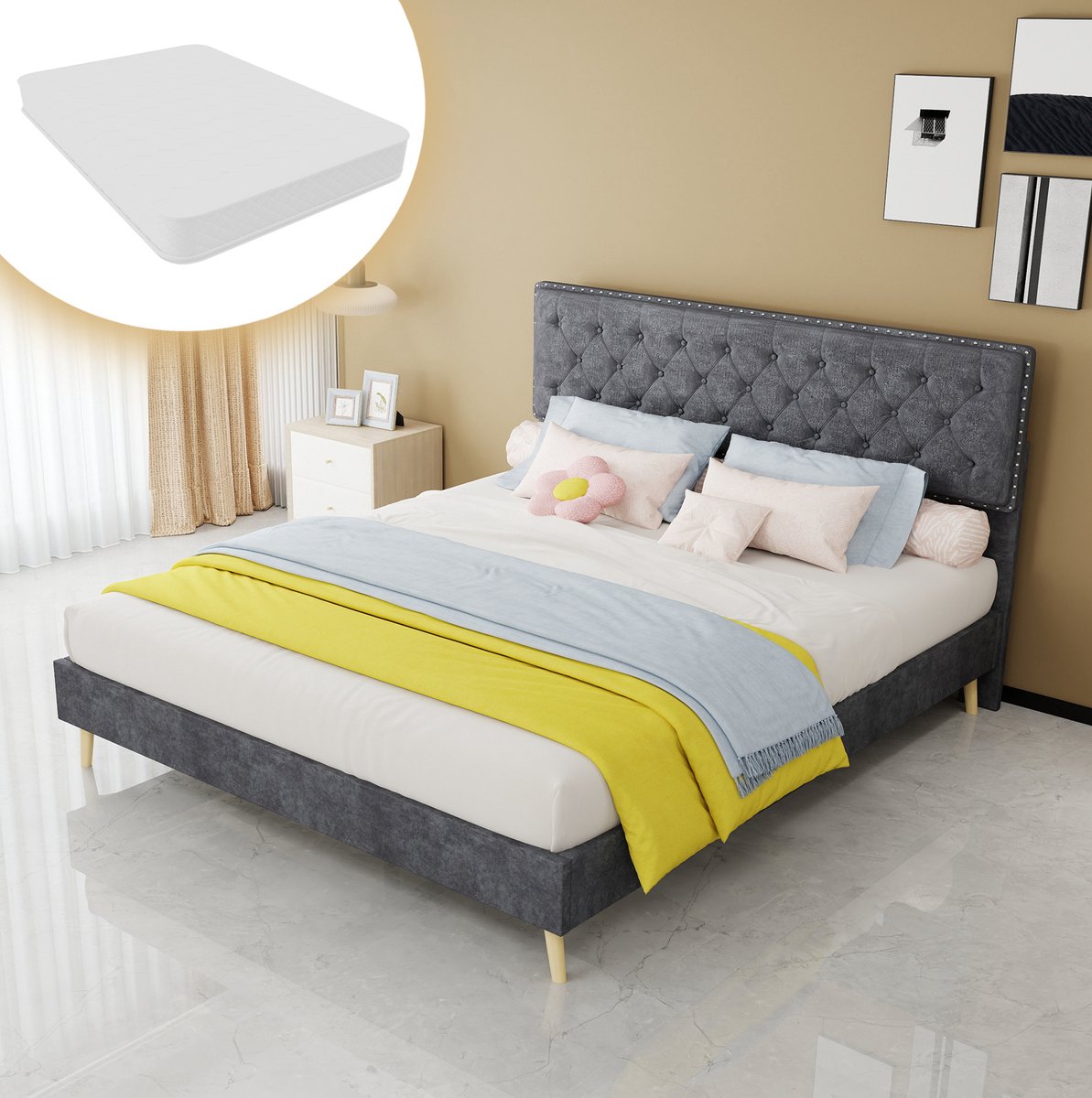 MEUNIQ Gestoffeerd tweepersoonsbed 160 x 200 cm met grijs fluwelen hoofdbord, houten lattenbodem, matras en ruimte onder bed voor slaapkamer