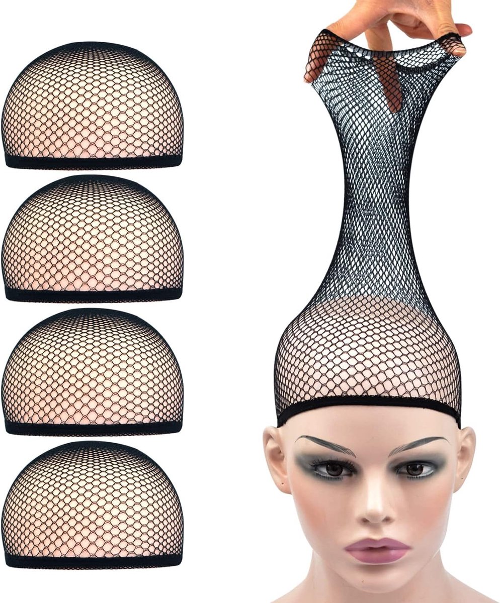 4 stuks pruikkapjes mesh pruikkousen voor vrouwen mannen en kinderen (mesh pruik, zwart)