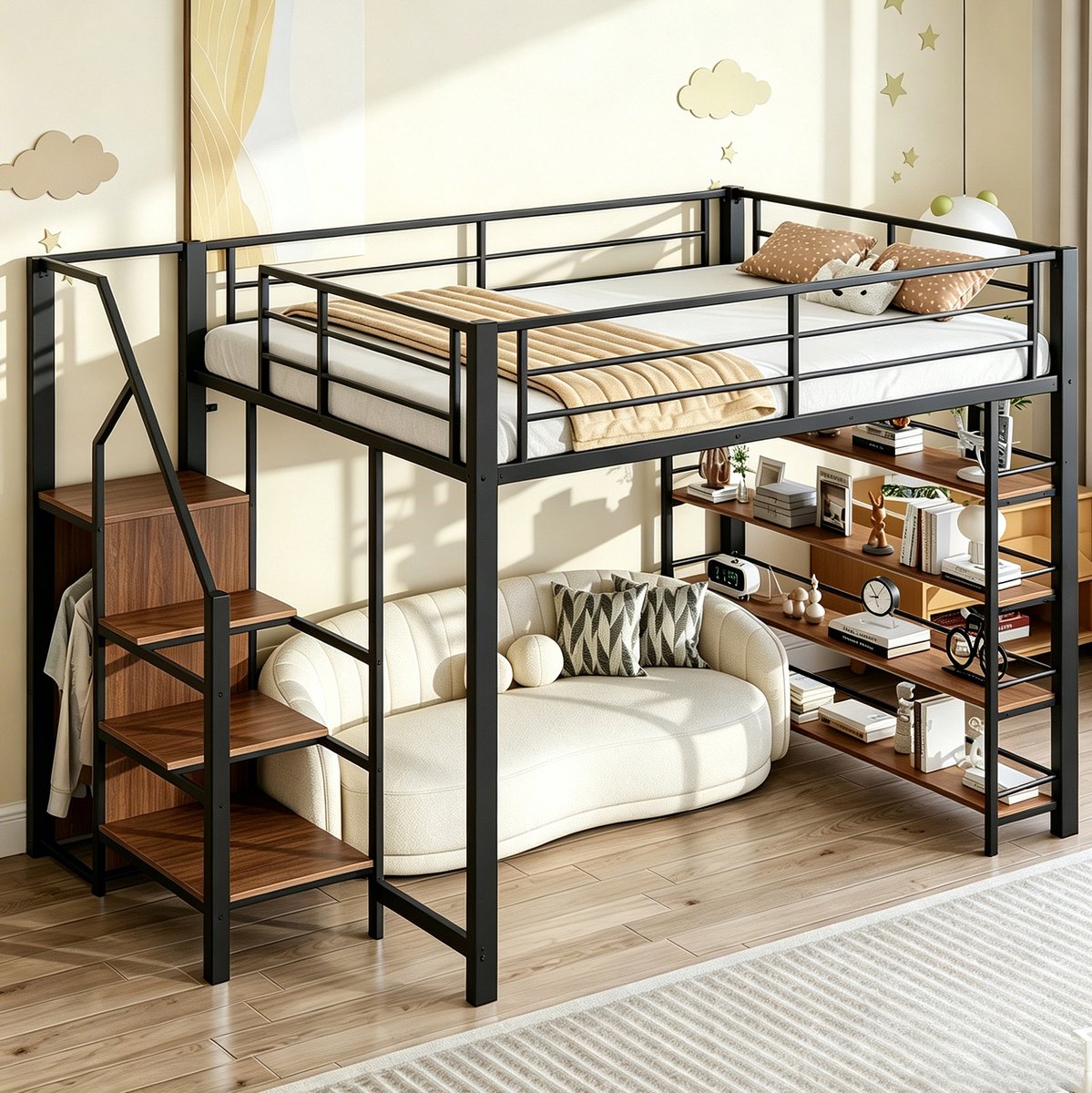 MEUNIQ Hoogslaper 140x200 cm met opbergtrap, kleine kledingkast, legplanken en hoge bedomranding voor kinderkamer, zwart metaal en MDF
