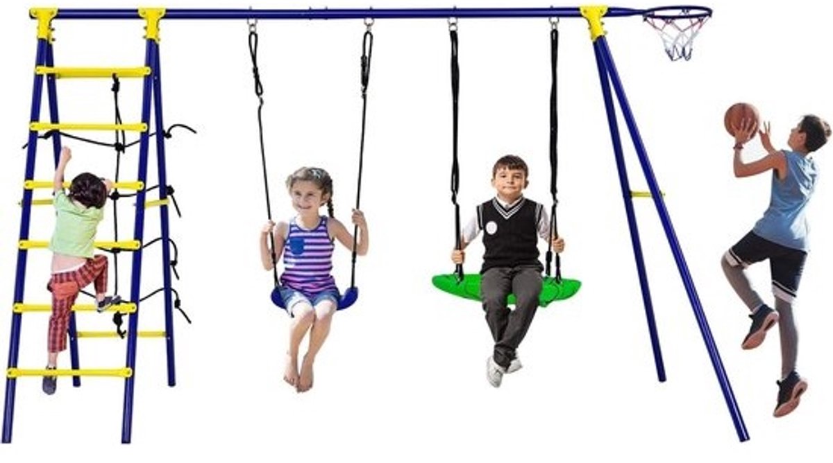 Kinderschommel Speeltoestel - Schommelset Tuin - Actief Buitenspelen - 5-in-1 Combinatie - 294 x 140 x 175 cm - Blauw Geel