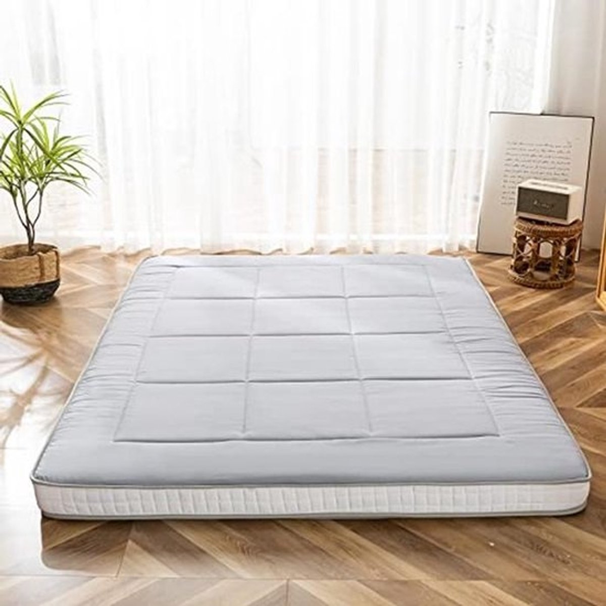 Futonmatras 90 x 190 cm - Gewatteerd Japans Vloermatras - Opvouwbare, Ademend en Extra Dikke Matrasoplegger voor Logeerbed en Campingbank