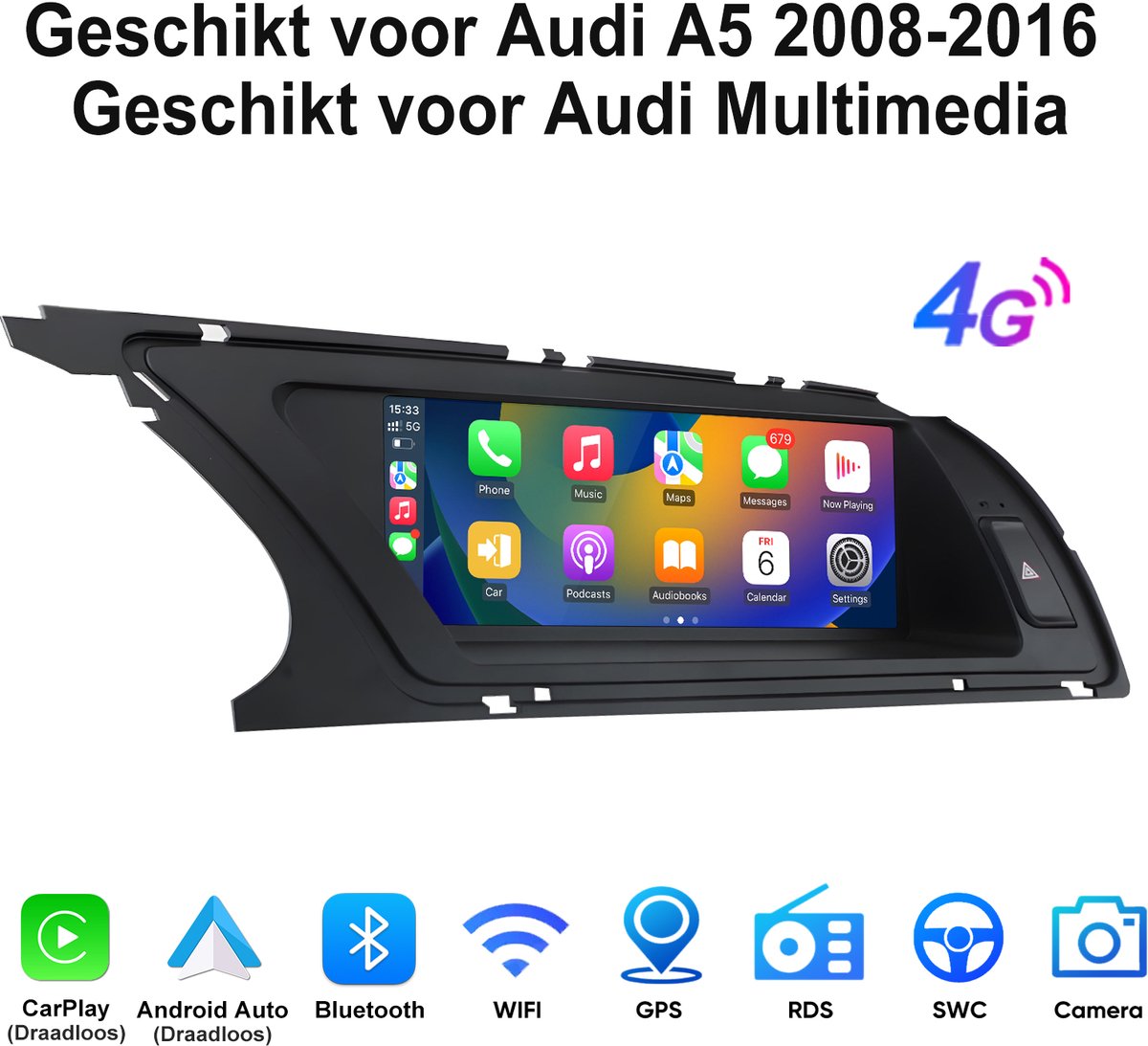 Junsun Autoradio Geschikt voor Audi A5 2008-2016 Geschikt voor Audi Multinedia Accessories - Android 15 - 8.8'' - 6 GB + 128 GB - Draadloze CarPlay & Andriod Auto - GPS-navigatiesysteem - Bluetooth - Stuurwielbediening - 4G - RDS - DSP