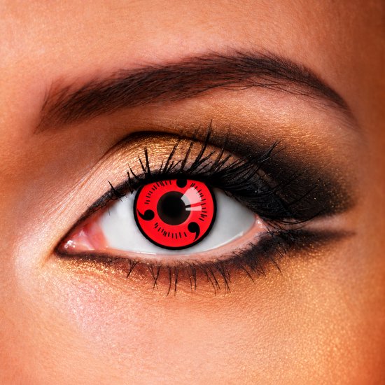 Rode Sharingan contactlenzen met zwarte Magatama-tekens.