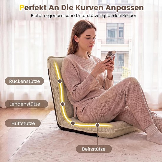 Vrouw zit op beige vloerstoel met rug-, lenden-, heup- en beunsteun.