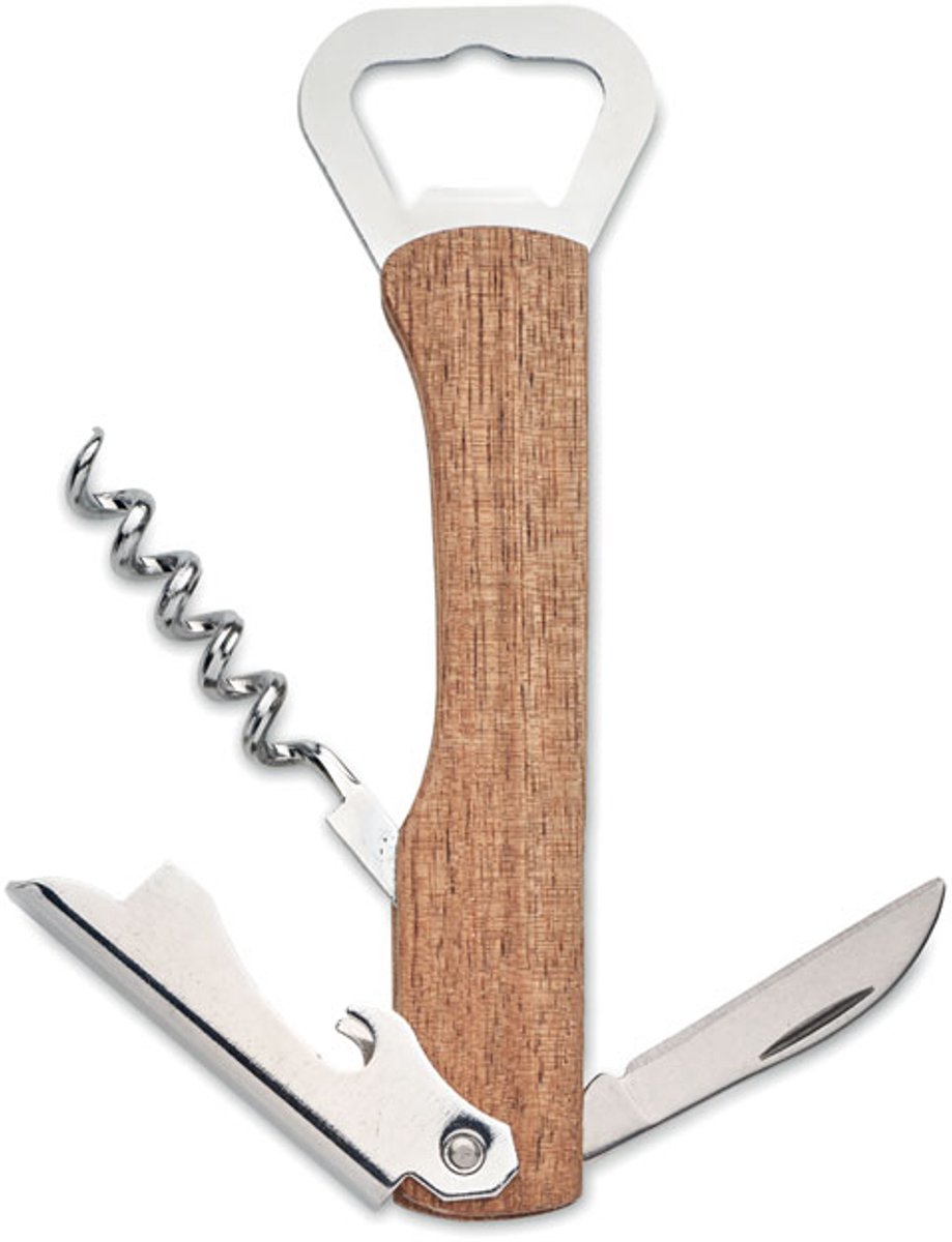 Luxe design 3 in 1 flesopener in acaciahouten behuizing. Bevat een kurkentrekker, 2 flesopeners en een foliesnijder.