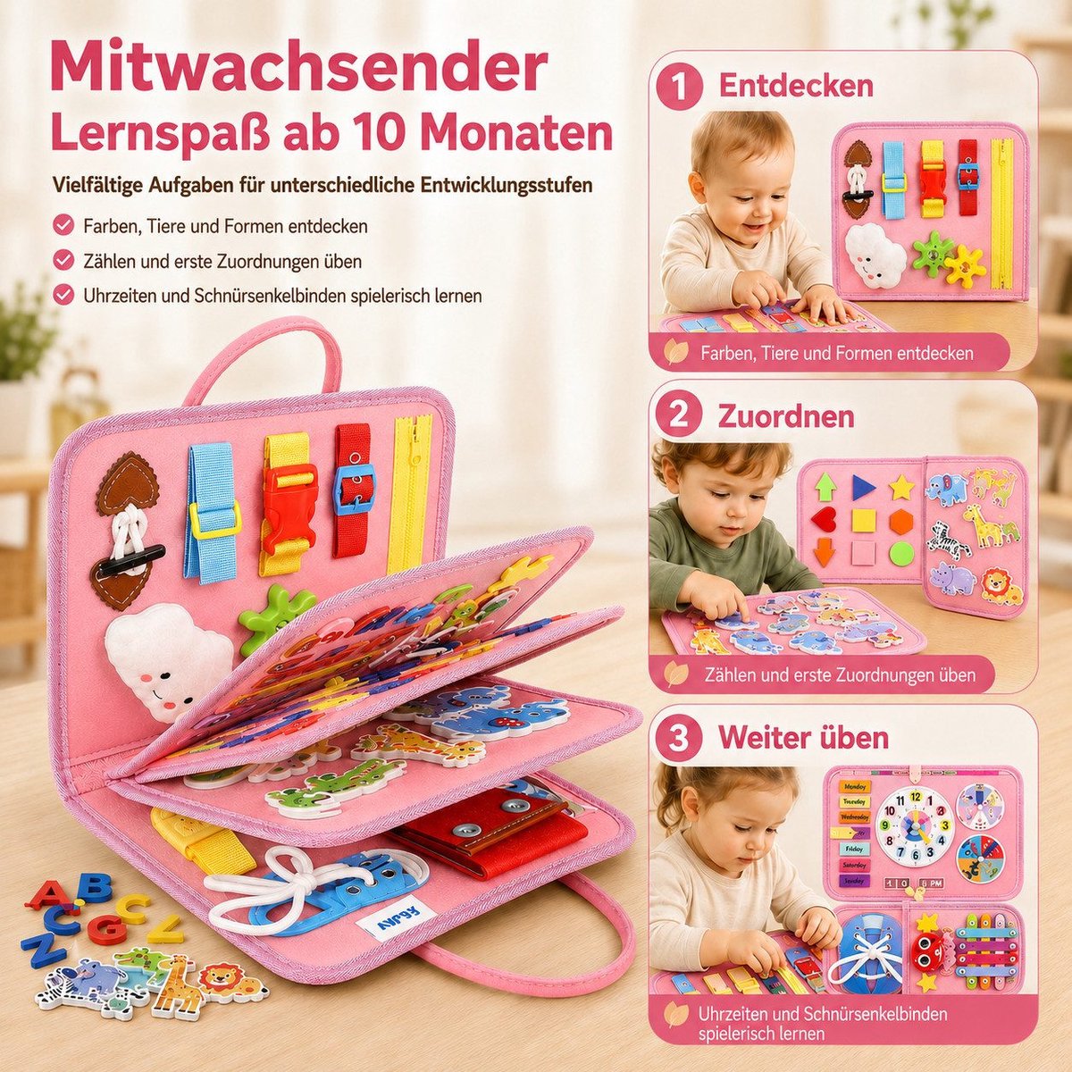 **Montessori Busy Board voor Baby's vanaf 10 Maanden, Educatief Speelgoed van Vilt met Ritsen, Gespen, Cijfers, Letters, Vormen, Klok en Datum, Draagbaar Activiteitenbord voor Thuis, Auto en Reizen**