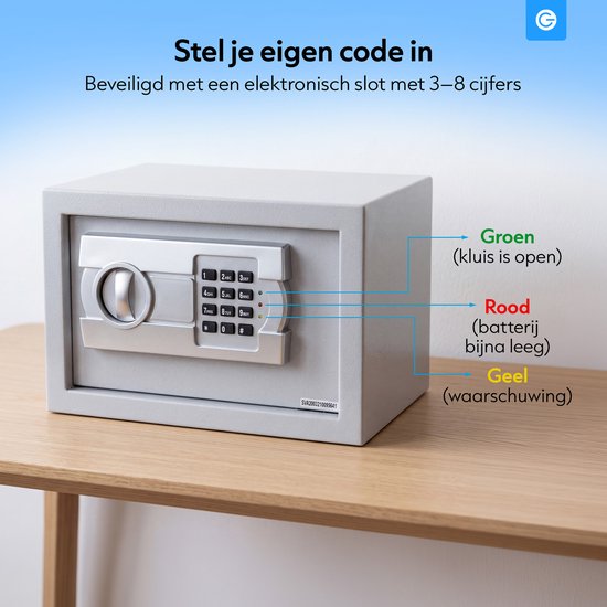 Grijze kluis met digitaal cijferpaneel. Groen: kluis is open. Rood: batterij bijna leeg. Geel: waarschuwing.