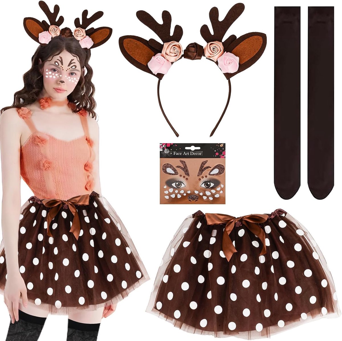 Carnavalskostuum voor dames en meisjes, hertengewei haarband met rendieroren, tutu, rok, sokken, hertenkostuum, accessoire voor carnaval, cosplay, themafeest
