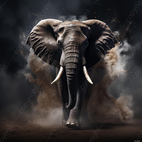 Een olifant met grote slagtanden komt uit het stof, met een donkere achtergrond en vonken.