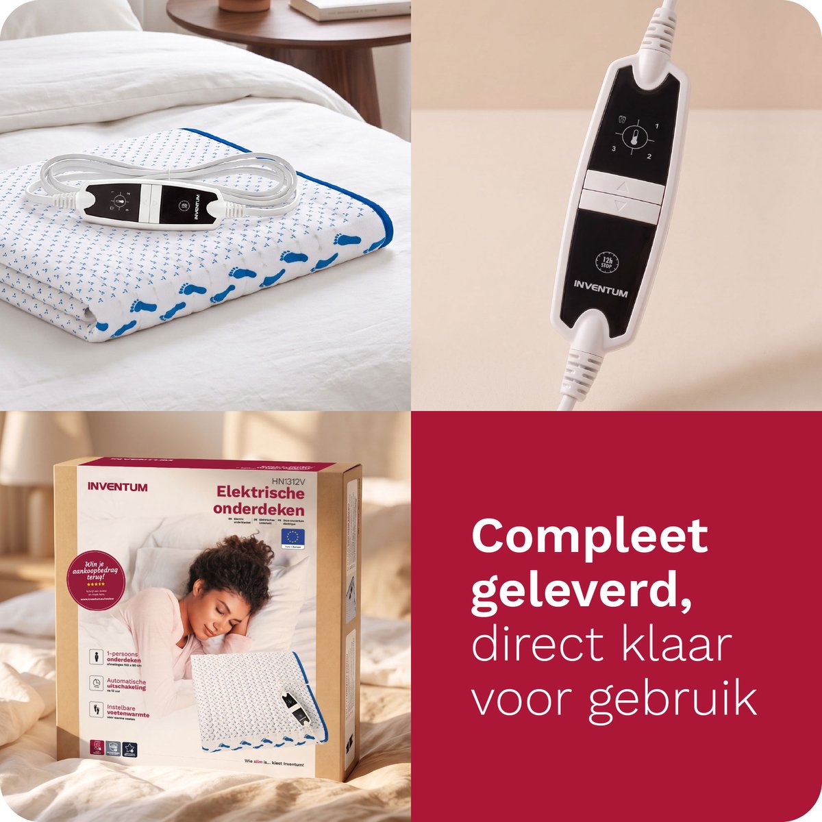 Inventum HN1312V elektrische onderdeken 150x80 cm - 1 persoons - Warmtedeken - 4 warmtestanden - Aparte voetzone - Fleece/Katoen - Wit/Blauw – foto 4