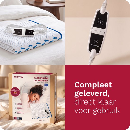 Elektrische onderdeken met blauwe voetjesprint en een witte controller met 3 warmtestanden.