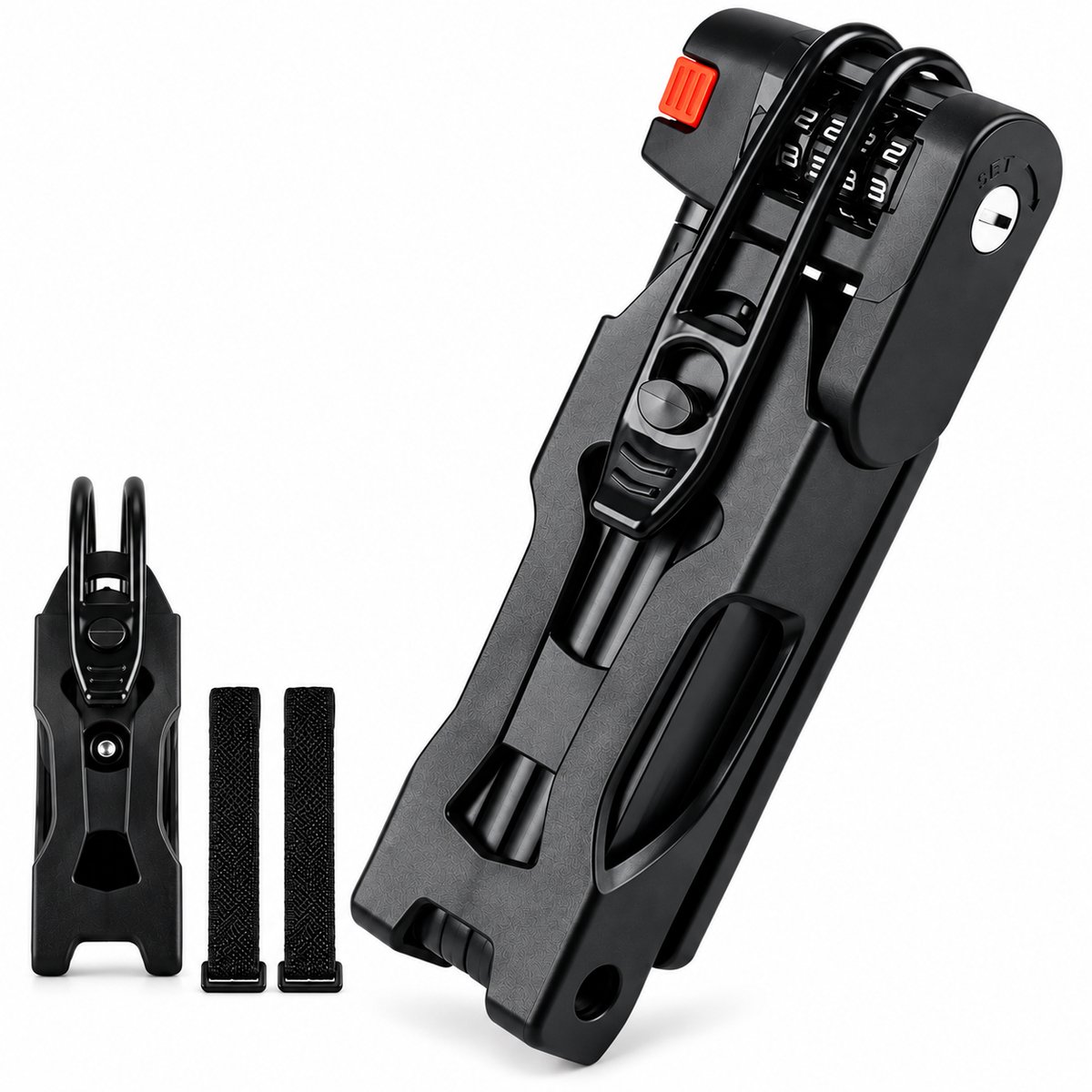 Mister Noir® Vouwslot - Fietsslot - Fatbike slot - Zwaar Gehard Staal - Cijferslot - Anti-Diefstal - Compact en Opvouwbaar - Met Houder - Geschikt voor Elektrische Fietsen & Motoren (90 cm)
