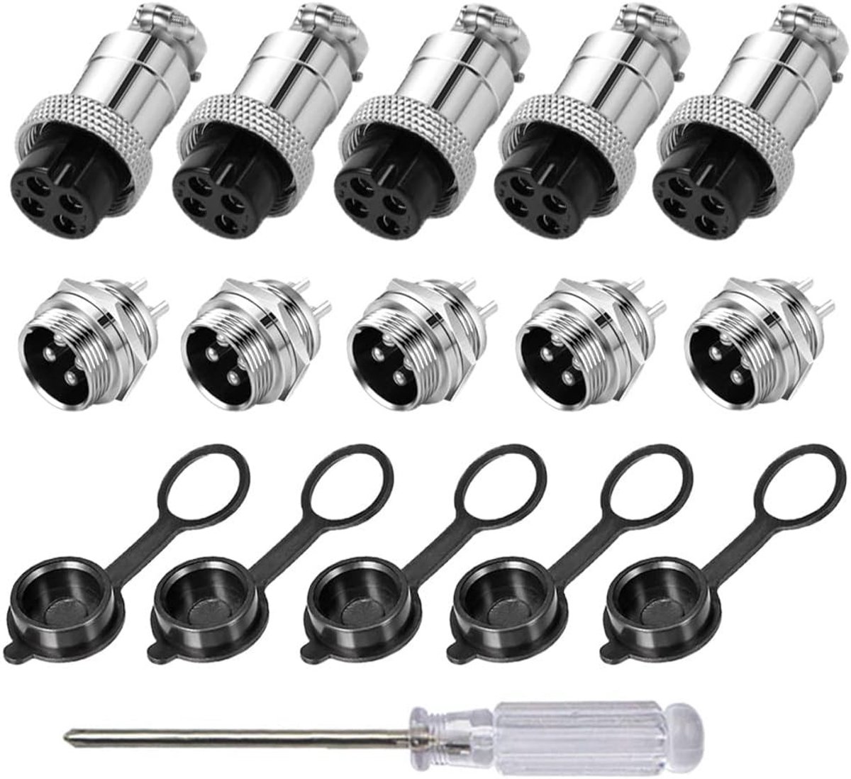 Set van 5 4 Pin GX16 Luchtvaartstekkers, 16 mm Draad Metaal Connector voor Kabel, 5A Stekker Kit met Rubber Dop en Duurzame Aansluitingen
