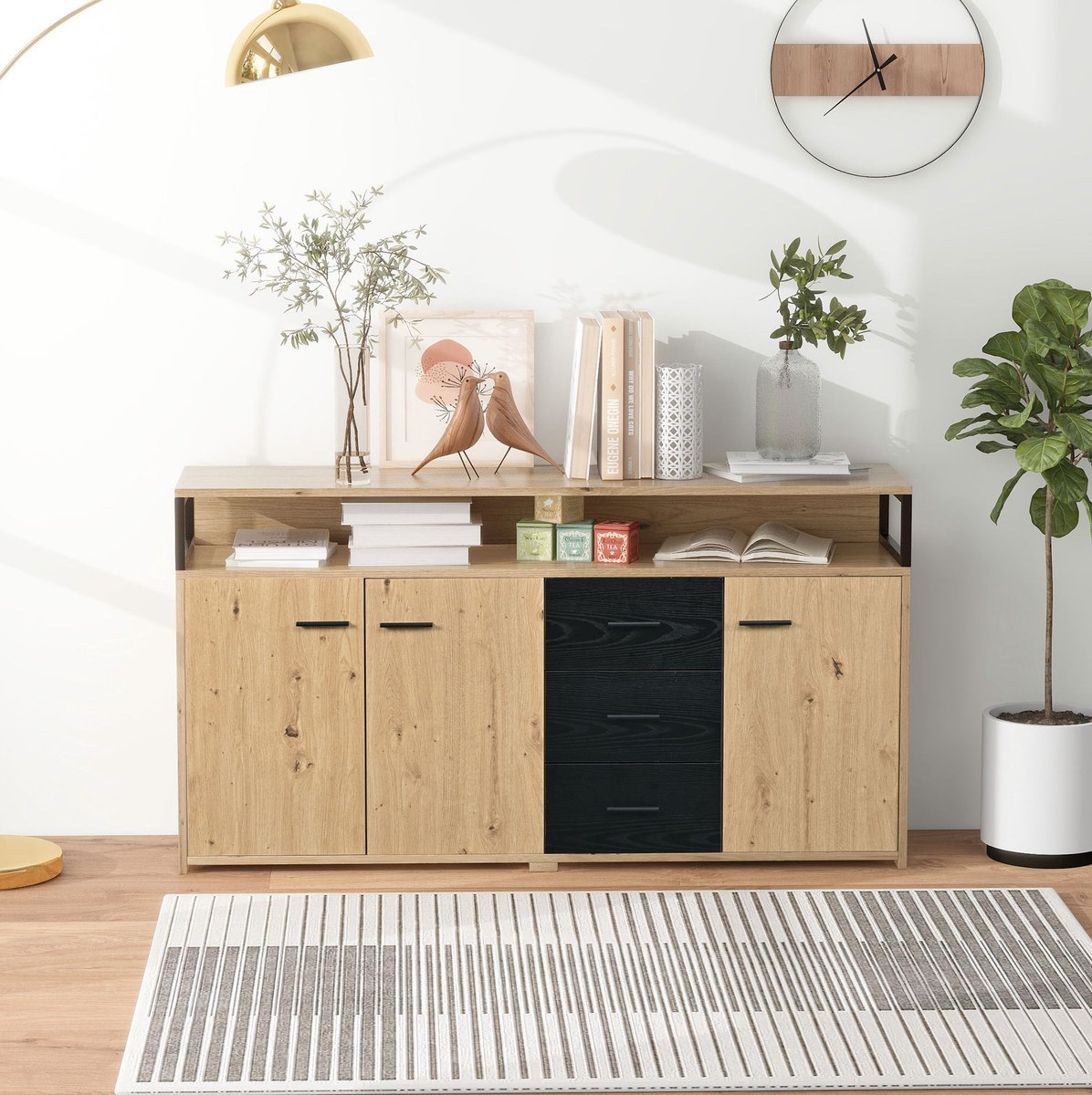 MEUNIQ Industrieel dressoir 150 x 35 x 75,9 cm met 3 deuren, 3 lades, open vakken en verstelbare planken voor woonkamer, eetkamer of kantoor