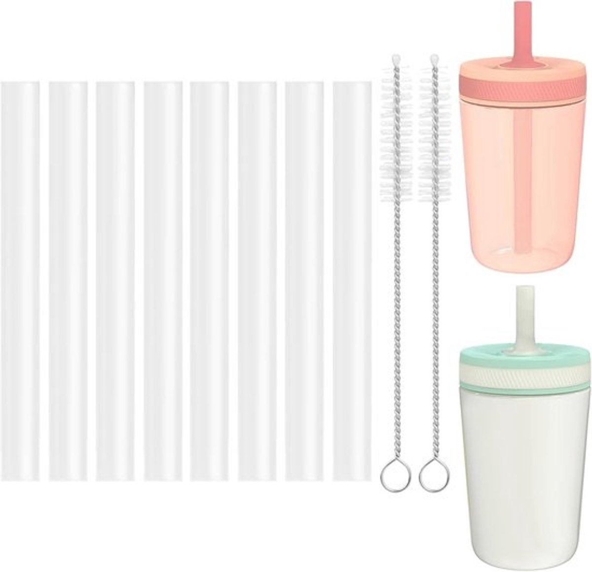 Vervangende rietjes voor diverse tumblers en waterflessen - 8 doorzichtige rietjes en 2 reinigingsborstels