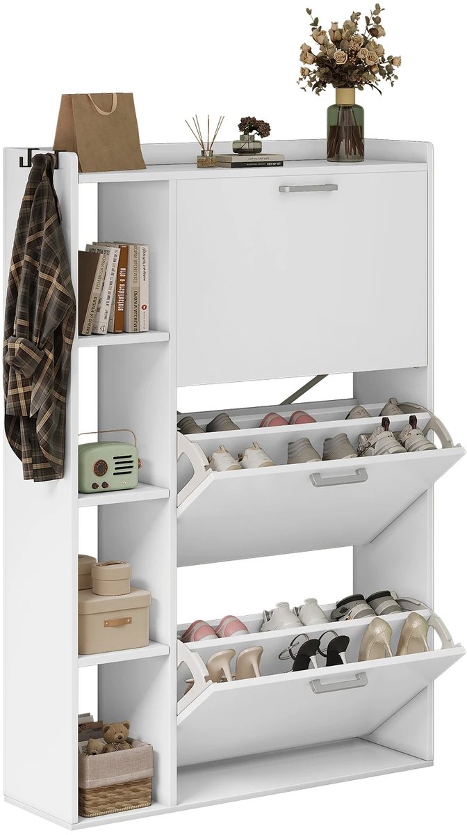 Happiq Schoenenkast - Voor Entreehal - Ruimtebesparend Schoenenrek - Hout Wit White