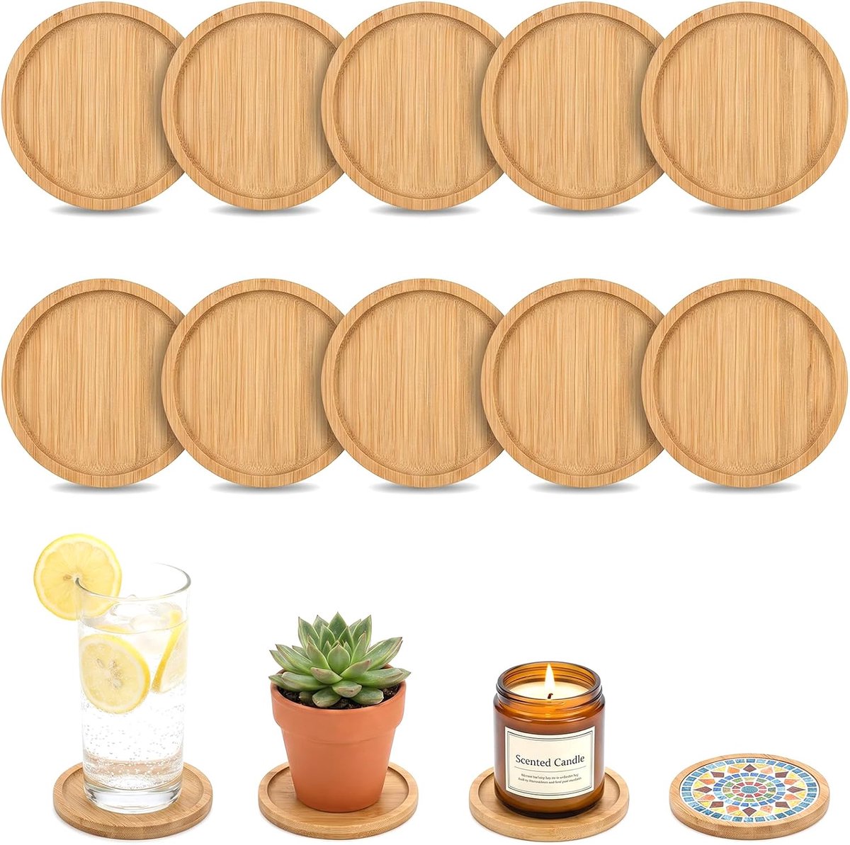 12 stuks ronde houten onderzetters met rand, 9,5 cm, natuurlijk bamboe, plantenonderzetters, kunstborden, klein houten dienblad voor dranken, kopjes, kaarsen en kaarsenborden
