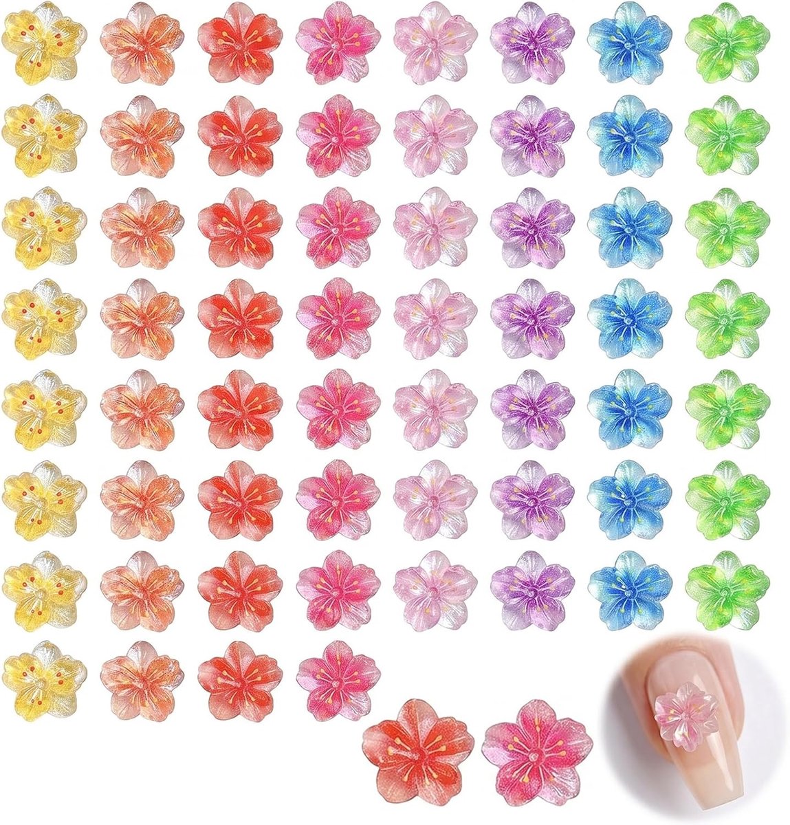 60 stuks 3D-bloemennagelbedels, ijs-transparante hibiscus-nagelkunsthangers, Hawaiiaanse vijfbladige bloemen voor zomer, nageldesign, doe-het-zelf manicure-accessoires en knutseldecoratie