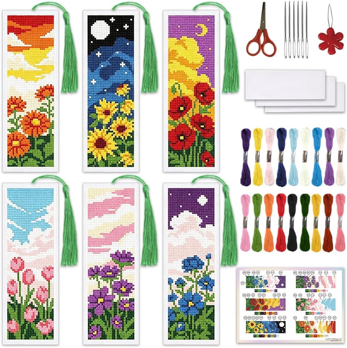 6 Set Bloemen Zonsondergang & Twilight Landschap Kruissteek Bladwijzer Kit voor Beginner met Backing Vilt Kwastje Floss Instructies DIY Gestempeld Borduurwerk Bladwijzer Kit voor Volwassenen
