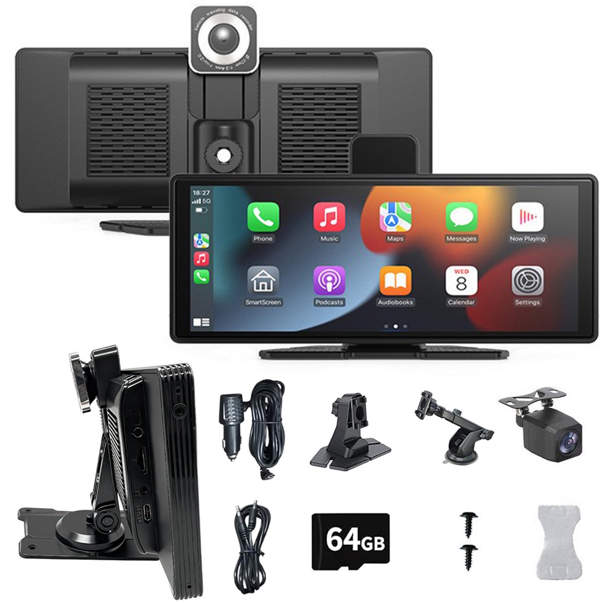 10,26-inch automultimediasysteem – Autoprojectiescherm – Dubbele dashcams voor en achter – Achteruitrijcamera – Radio, CarPlay, Android Auto, achteruitrijbeeld – Voor 4K, Achter AHD 1080P – 64GB geheugenkaart – Zwart