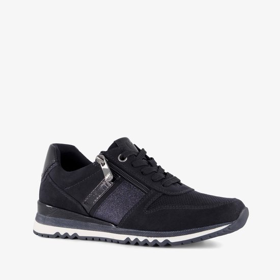 Donkerblauwe Marco Tozzi sneaker met ritssluiting, glitterdetails en mesh.