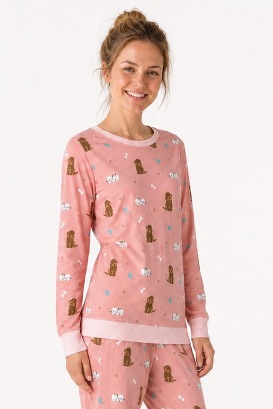 Happy Pyjama’s Damespyjama Honden & Katten – 95% Katoen & 5% Elastaan – Roze – Maat XL