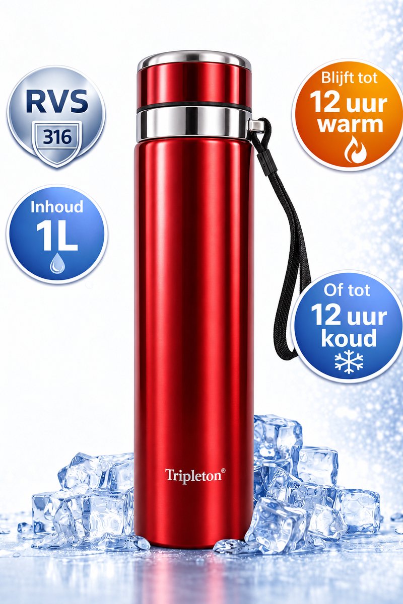 Tripleton® Luxe Thermosfles 1 Liter - RVS Isoleerfles Dubbelwandig - Drinkfles Warm & Koud - Rood - 1000ml