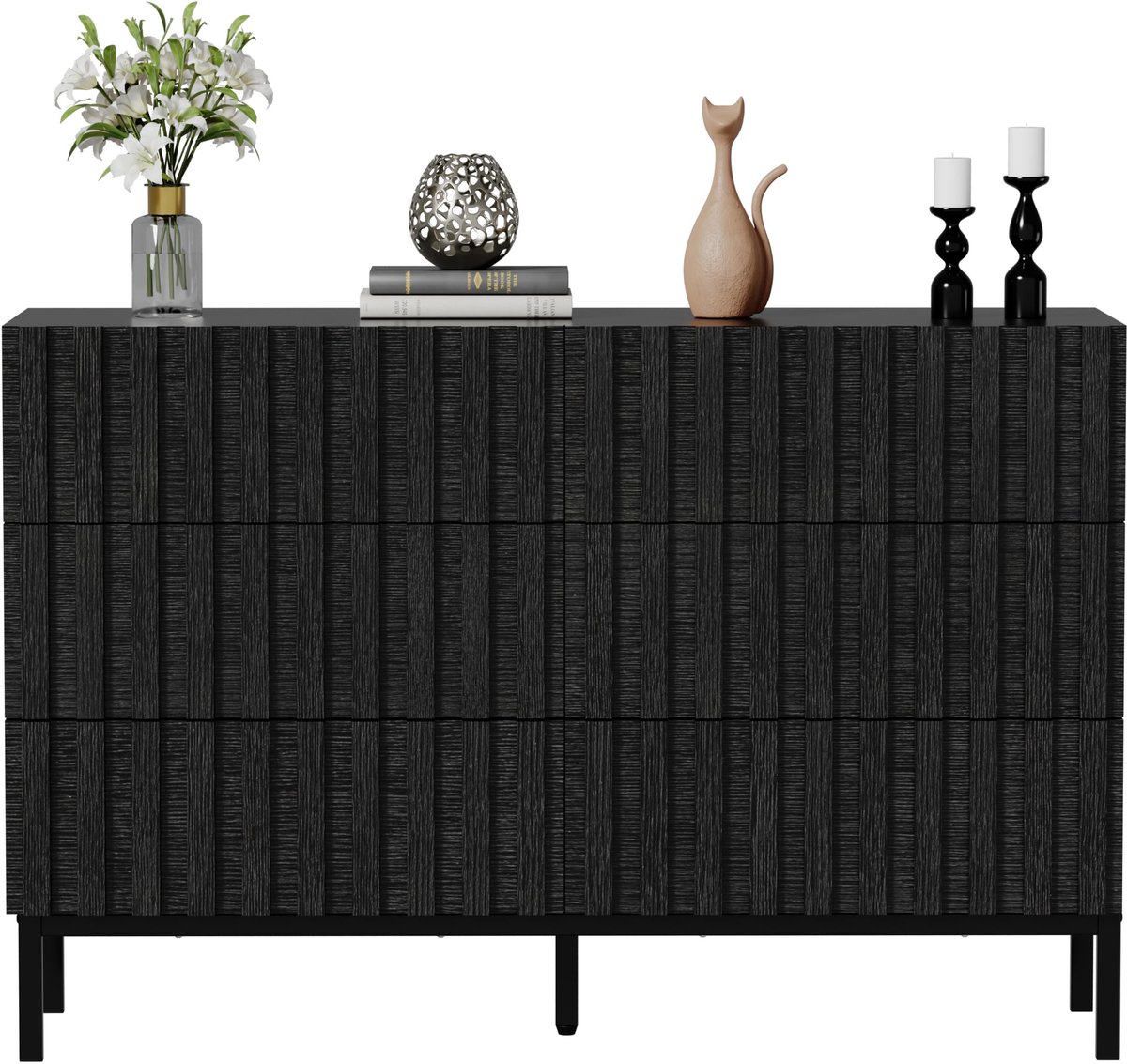 UEV Commode met 6 lades, 100 x 34,5 x 73,4 cm, Kast met lades, Smalle commode, Opbergkast, Kast voor woonkamer, slaapkamer, hal (Zwart)