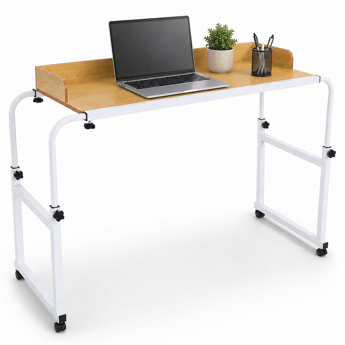 Verstelbare Bedtafel op Wielen - Laptoptafel voor Bed, Overbedtafel met Kantelvrije Rand, Hoogte 65-95 cm, Lengte Verstelbaar 120 cm, Voor Bedden tot 200 cm - Oude Eik
