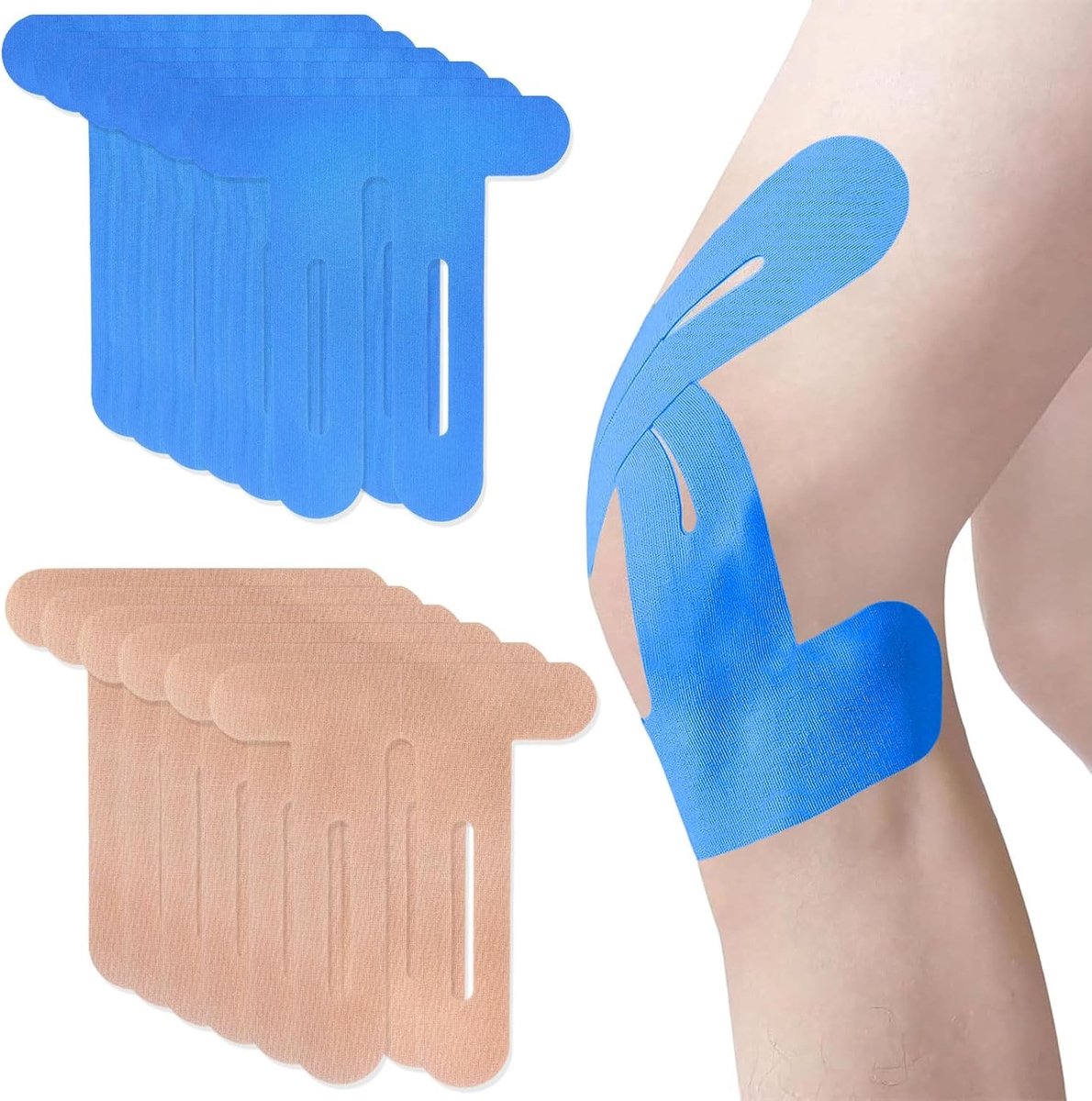 Voorgesneden kinesiologiebanden, elastisch en waterdicht, ideaal voor sport, fitness en herstel (12 stuks, blauw, beige)