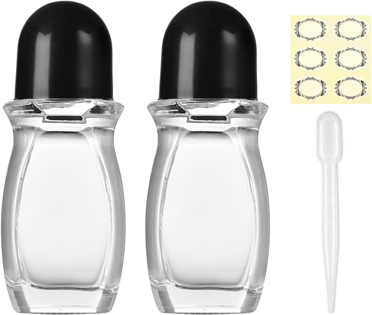 Set van 2 lege glazen rollerflessen van 50ml voor essentiële oliën, parfum en deodorant - navulbare reiscontainer met druppelaar en etiketten voor geur en verzorging